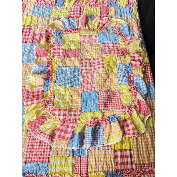 VTG Patchwork Twin Ruffle Bed Spread Cover Sham Round Table Cloth - Picture 3 of 7